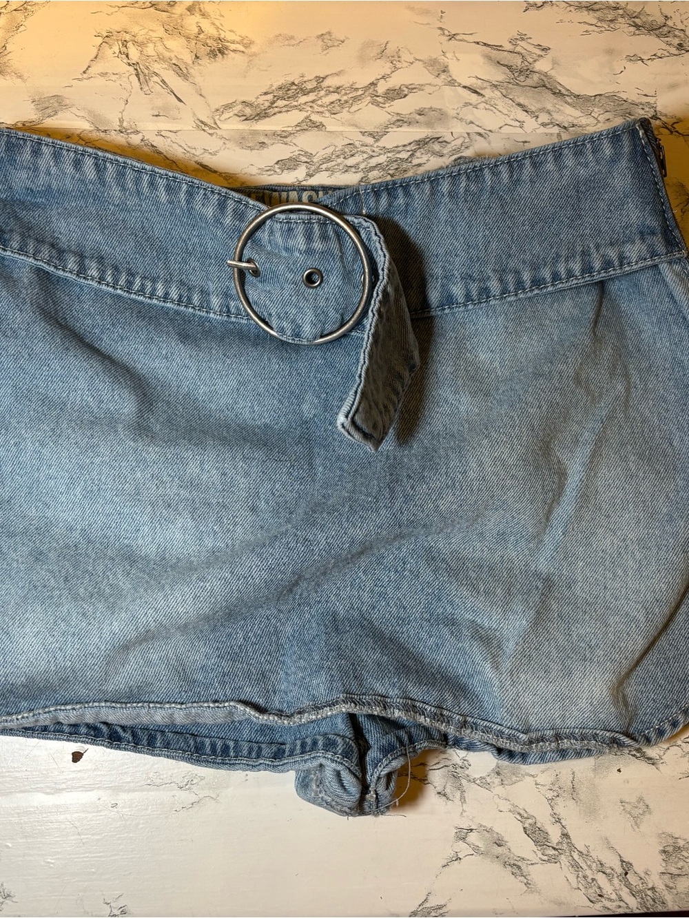 Rewash Light Blue Denim Shorts with Round Silver Buckle